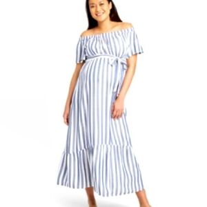 Maternity Blue and White Striped Off-Shoulder Dress